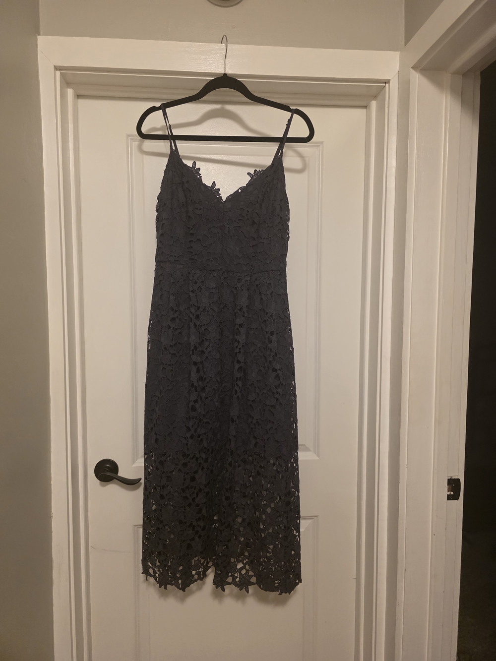 Astr Navy Lace Midi Slip Dress with Spaghetti Straps